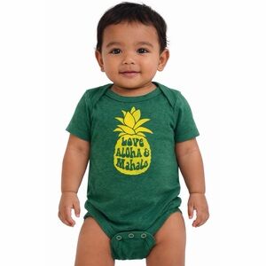 MONAG • Green/Yellow Hawaiian Pineapple Aloha & Mahalo Bodysuit Onesie, 6-12M